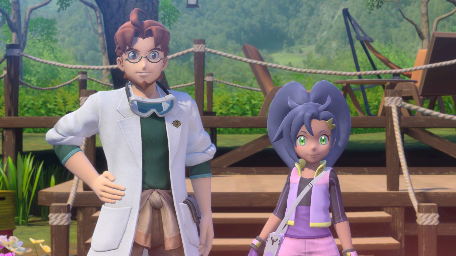 Twee geanimeerde personages in een bosrijke omgeving, lachend.