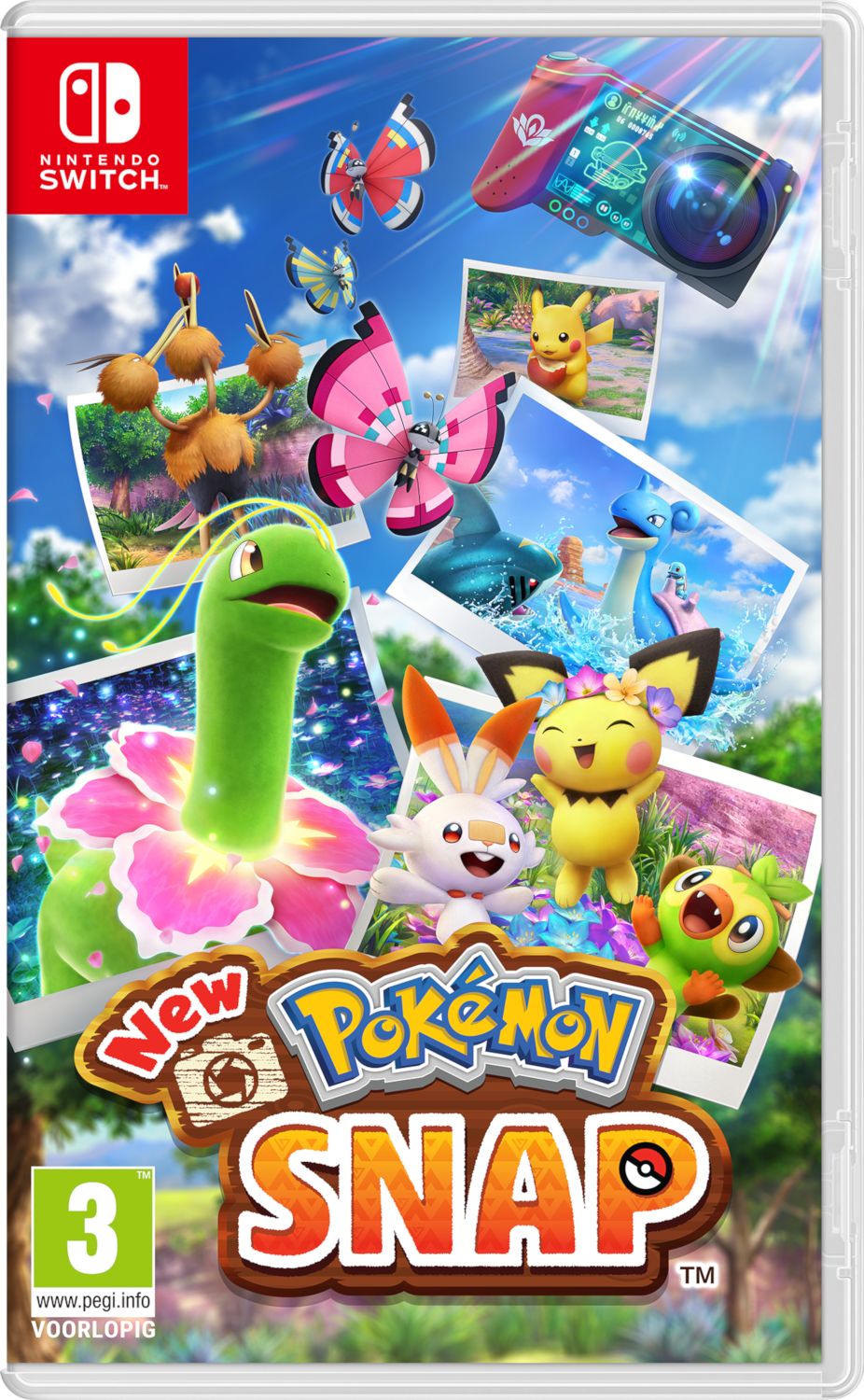 Nintendo Switch gamebox, New Pokémon Snap. Met Pokémon en vlinders.