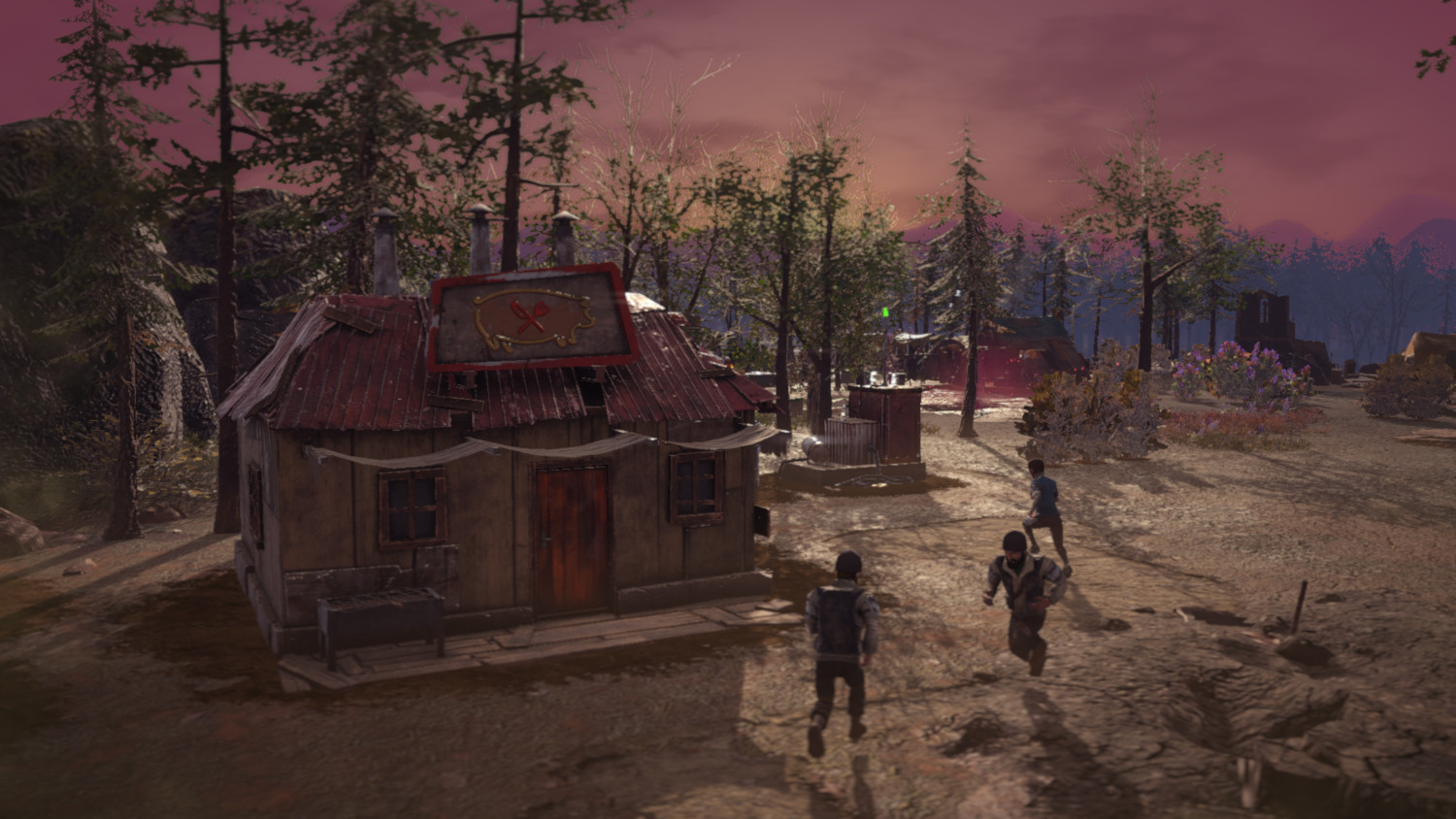 Post-apocalyptic scene: Three people run towards a wooden shack, with forest and sunset in the background.