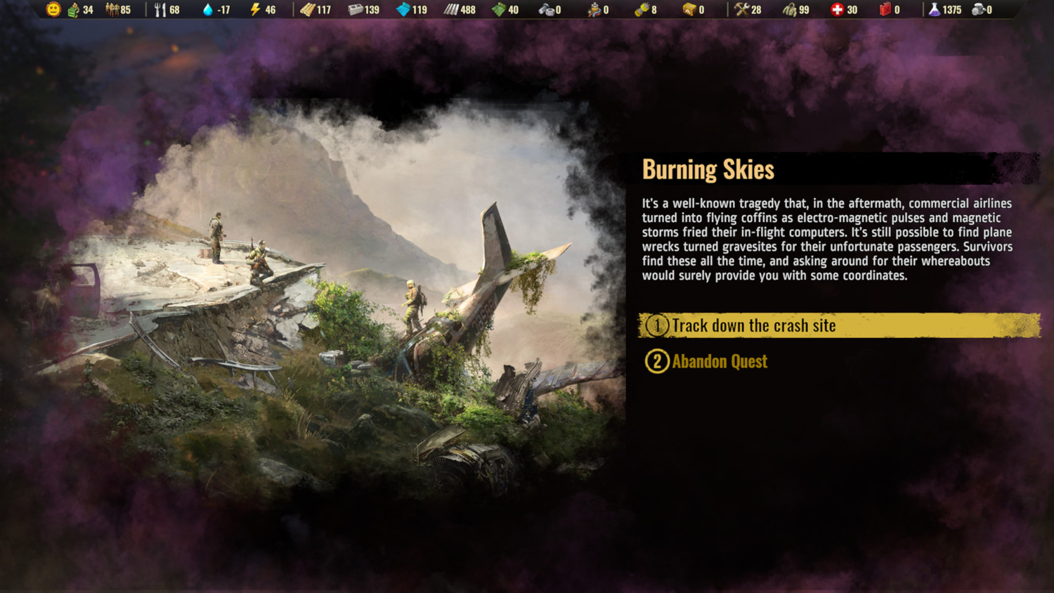 Game interface on screen with text and images. A plane crash scene is depicted with options.