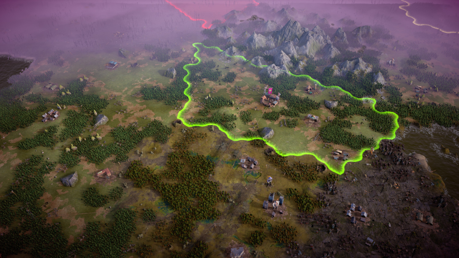 A landscape view of a game scene with buildings, trees, and mountains. A map with a green outline.