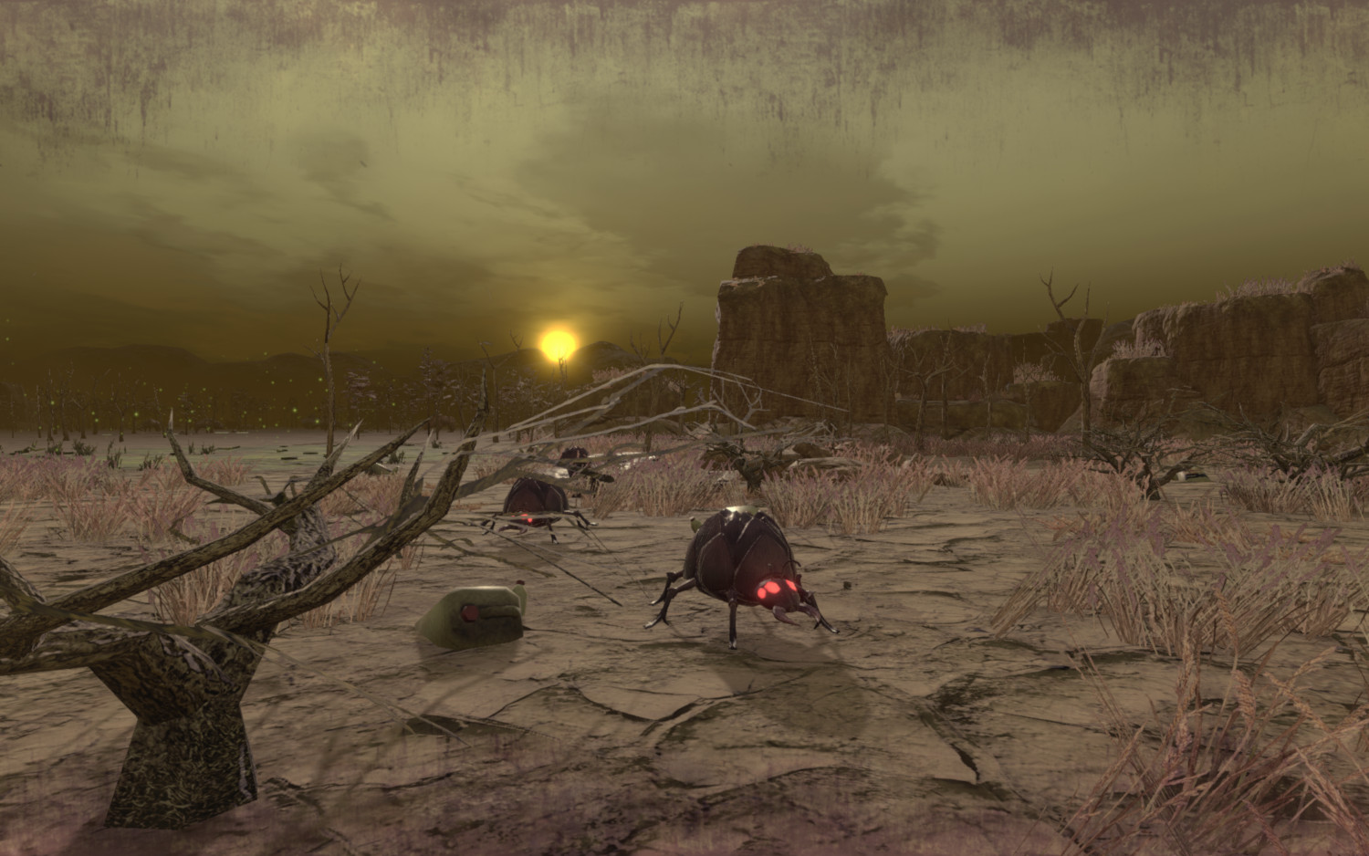 Desert scene with insect-like creatures and a yellow sky.