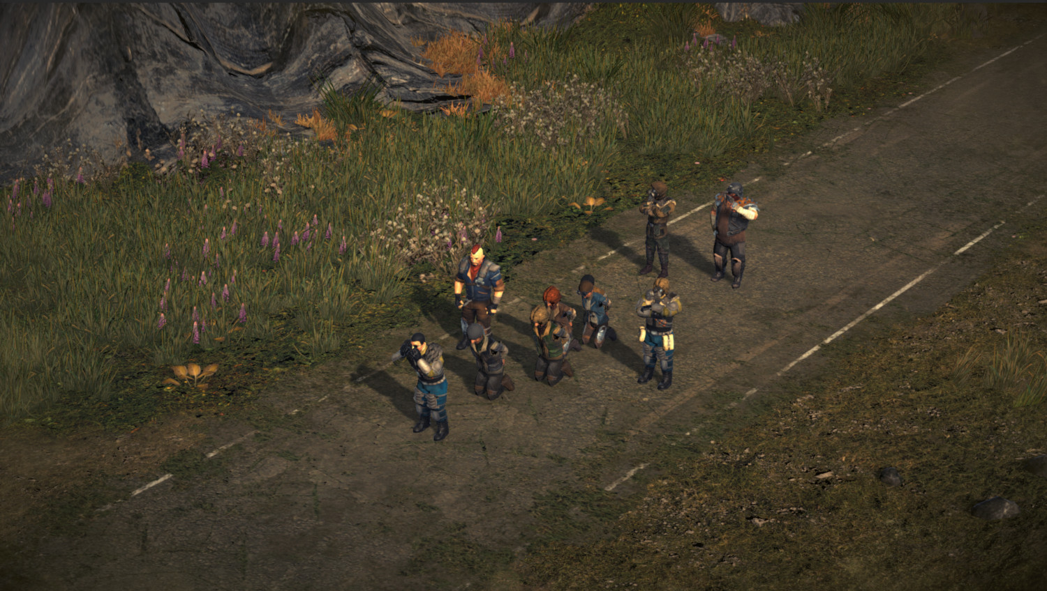 Group of people standing on a road. Background: green grass and a rocky hill. Clear day.
