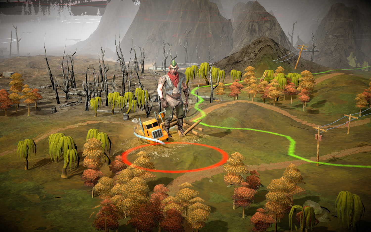 Game scene: A figure with a hat stands near a vehicle in a barren, post-apocalyptic landscape.