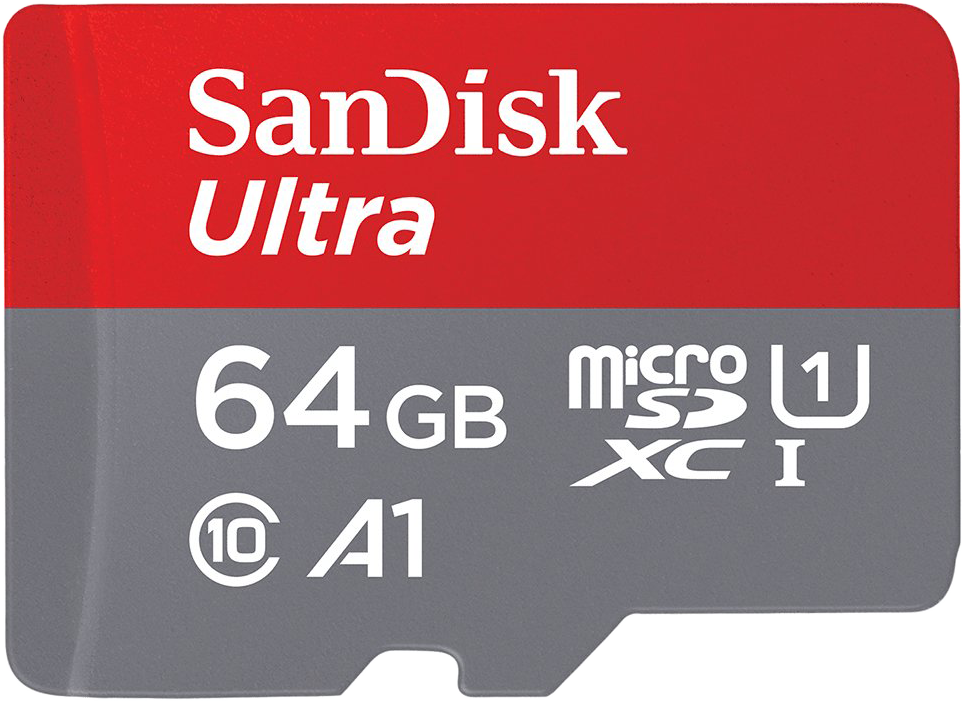 Egy piros és szürke micro SD kártya a SanDisk Ultra logóval és 64 GB kapacitást jelző szöveggel.