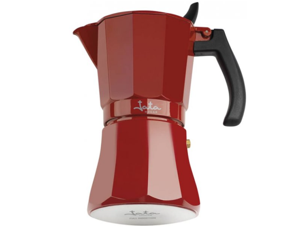Cafetera espresso roja, con asa negra y base blanca. Fondo blanco.