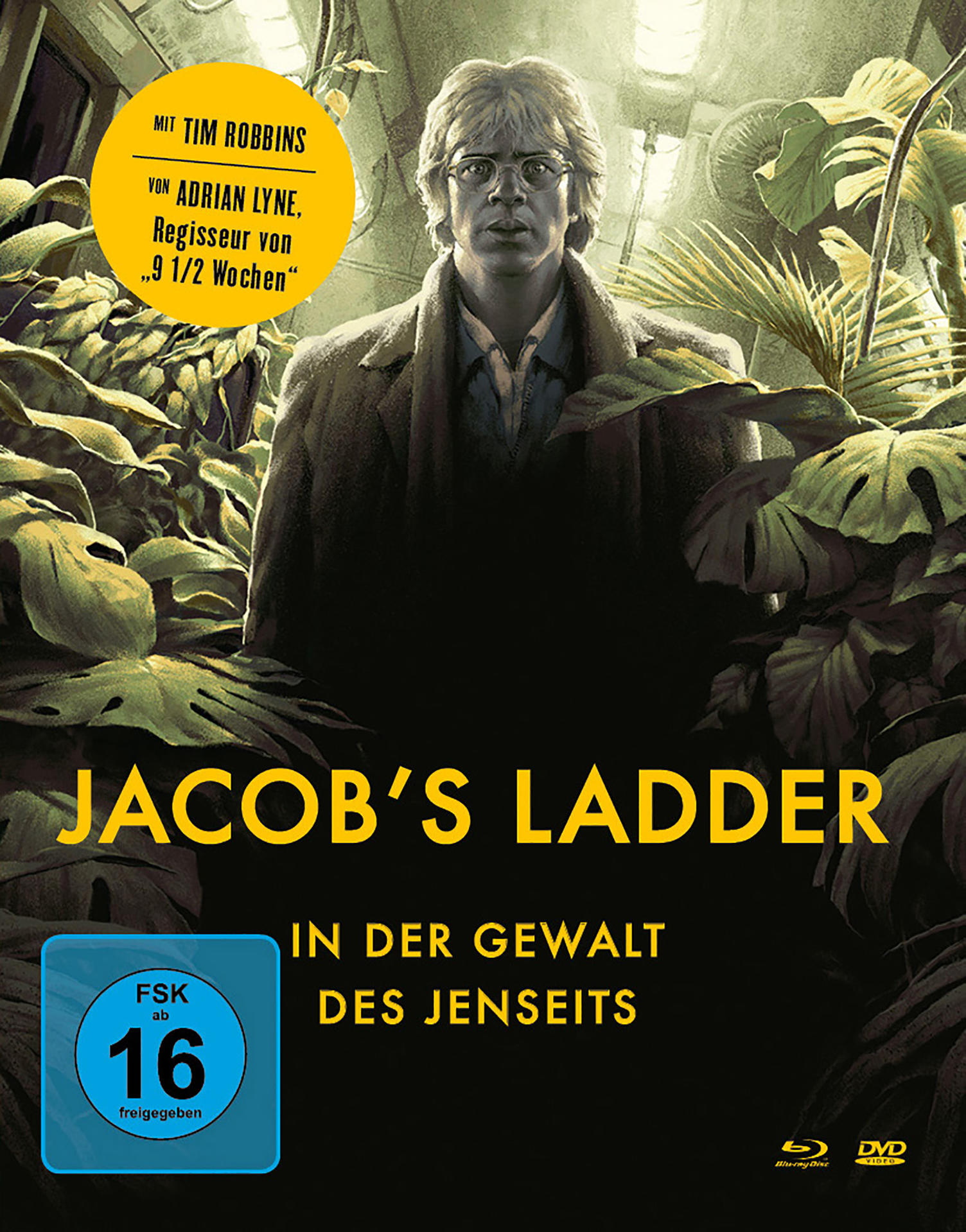 Filmplakat für 'Jacob's Ladder'. Ein Mann mit Brille steht in einem Flur, mit Filmtitel und Text auf Deutsch.