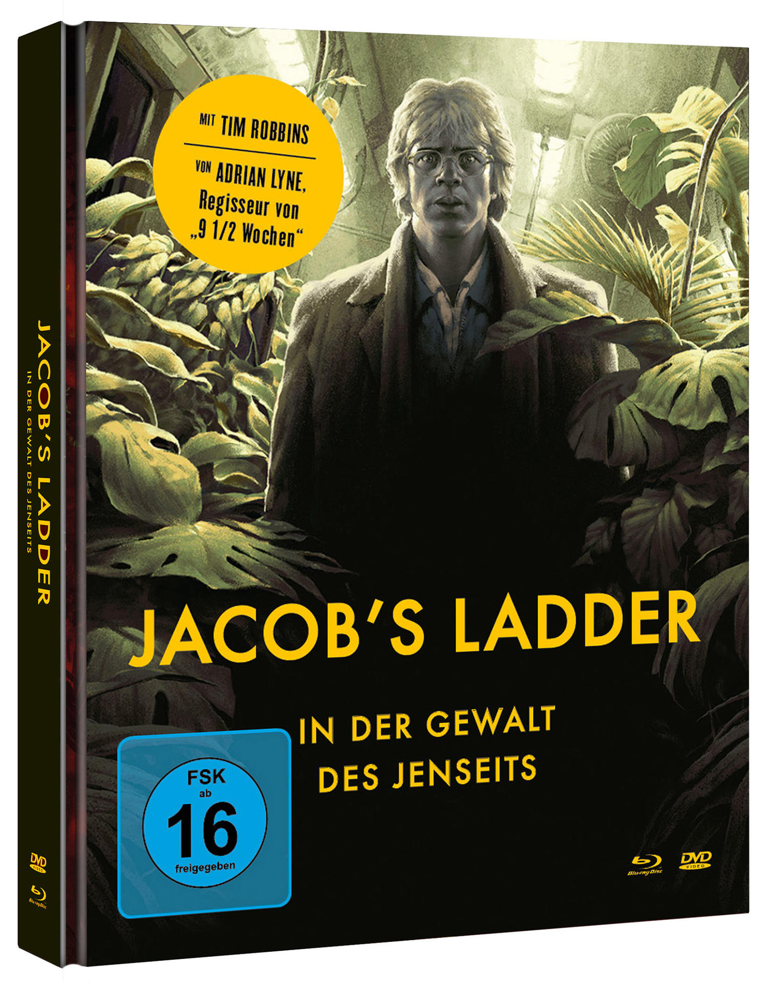 DVD-Cover von 'Jacob's Ladder' mit einem Mann mit Brille und dunklem Hintergrund mit grünen Pflanzen.