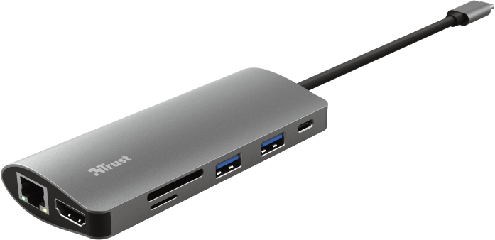 Ezüst USB-C hub több porttal: HDMI, SD, USB és Ethernet.