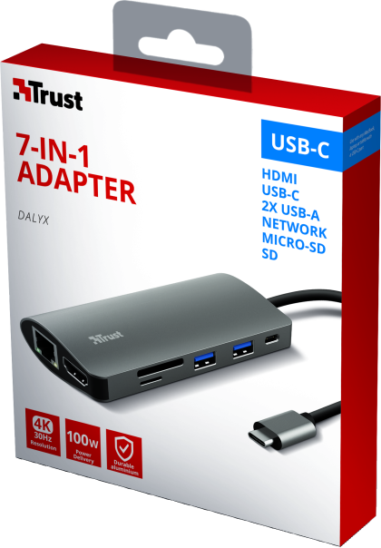 Egy Trust 7 az 1-ben USB-C adapter doboz. HDMI, USB-C, USB-A és SD kártya portokat mutat.