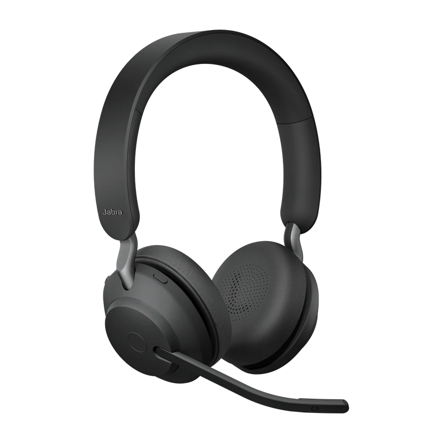 Schwarzes Jabra Bluetooth-Headset mit Mikrofon auf schwarzem Hintergrund.