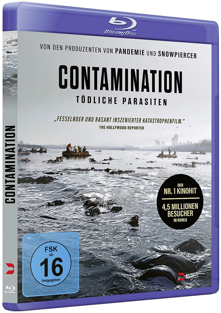 Blu-ray-Cover für den Film Contamination. Zeigt eine Szene mit Menschen im Wasser und eine Stadtlandschaft.