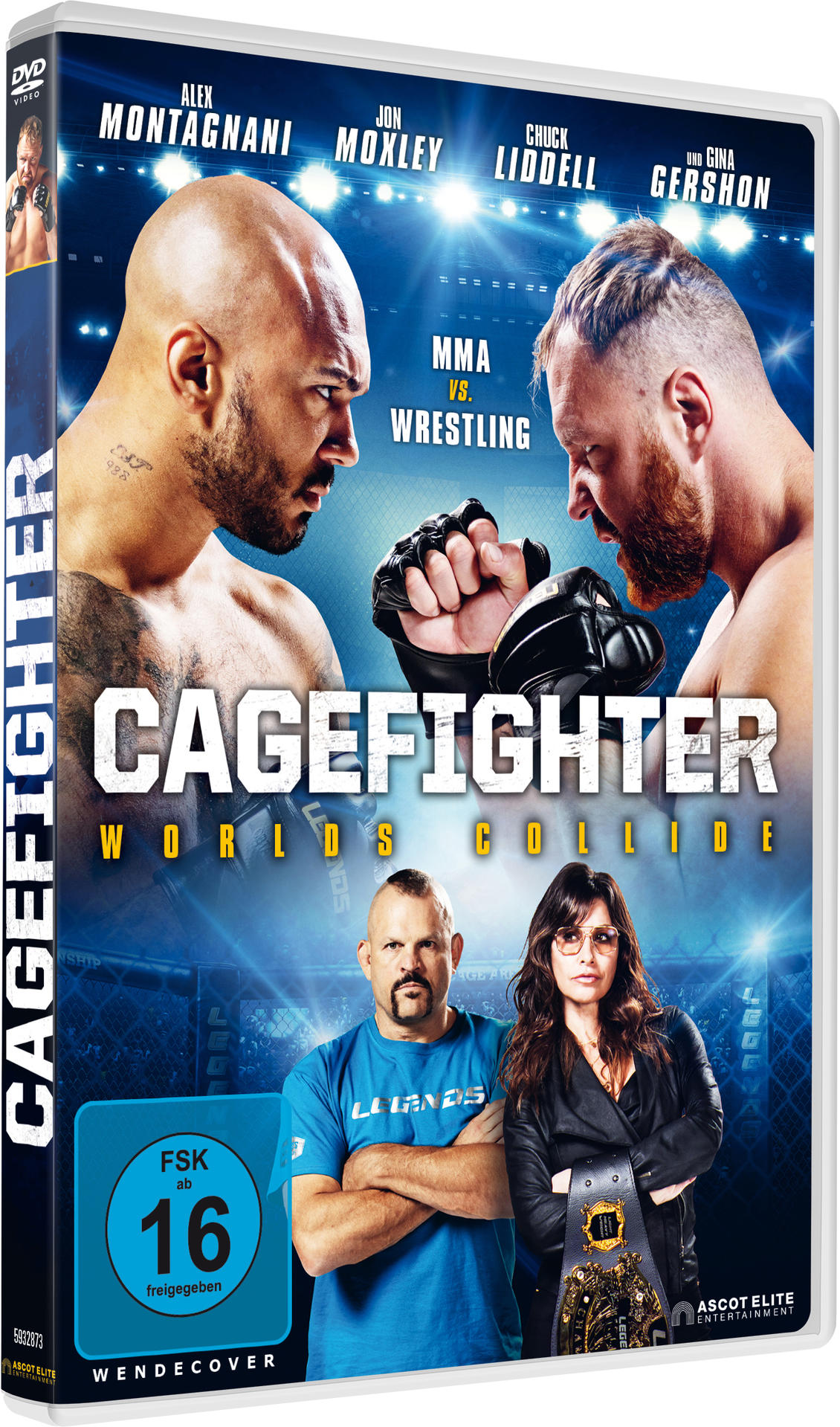 DVD-Hülle mit zwei Männern, die sich gegenüberstehen. Titel Cagefighter und Text. Zwei Personen stehen unten. Blauer Hintergrund.
