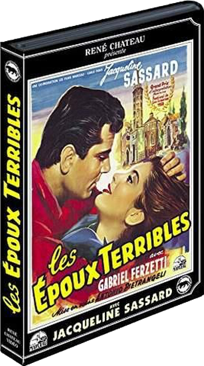 Couverture de film : Homme et femme s'embrassant, titre 'Les Epoux Terribles'.