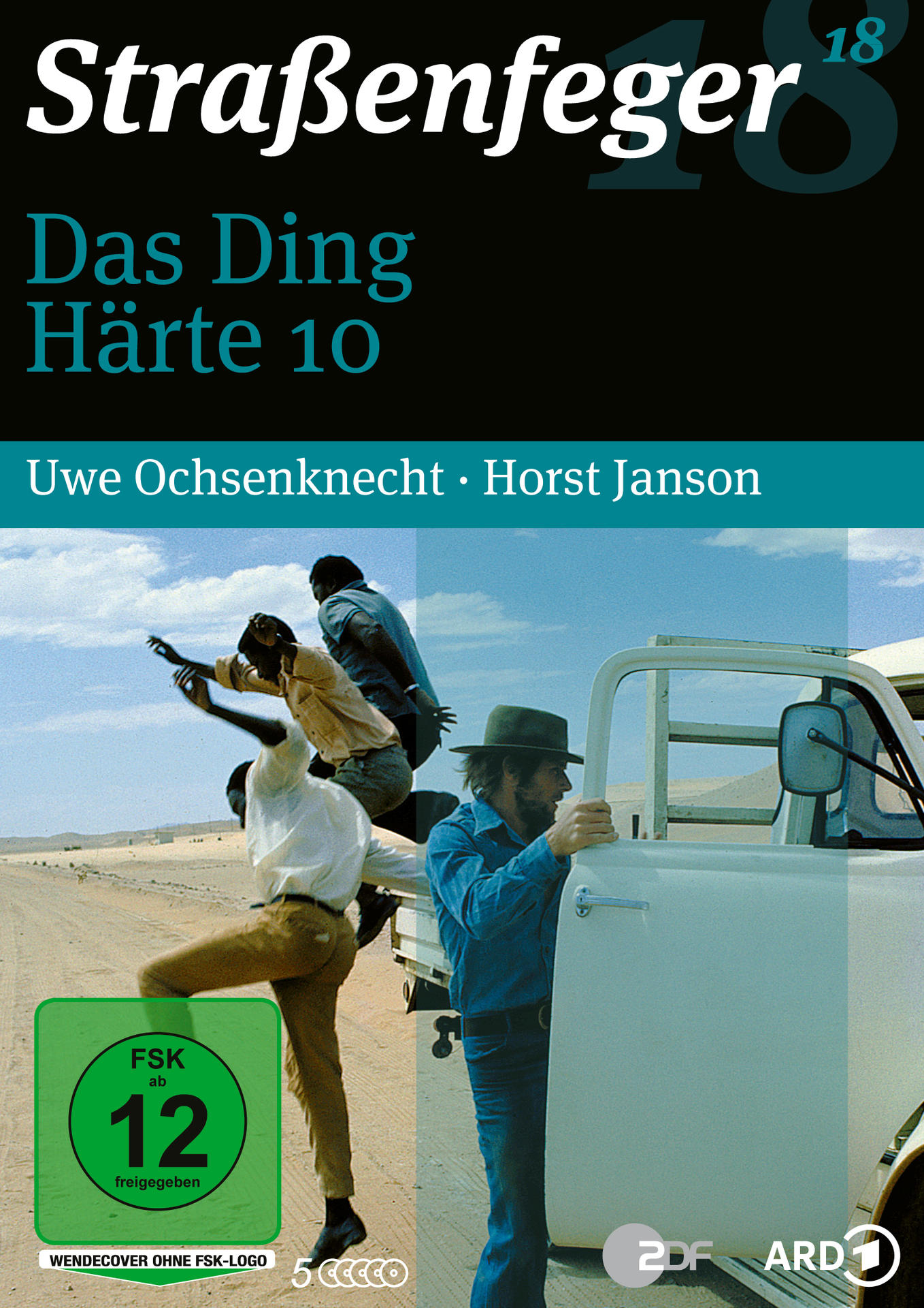 Filmposter mit Leuten, die von einem LKW springen, mit Text 'Straßenfeger 18'. Außenaufnahme.