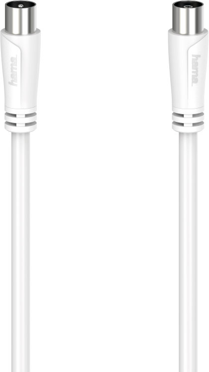 Een witte coaxkabel met twee witte connectoren aan elk uiteinde, geïsoleerd op een zwarte achtergrond.