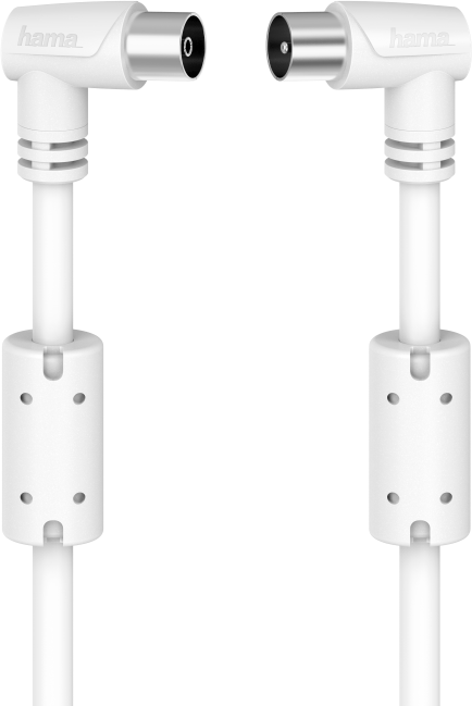 Deux câbles d'antenne TV blancs coudés avec connecteurs à chaque extrémité, sur fond blanc.