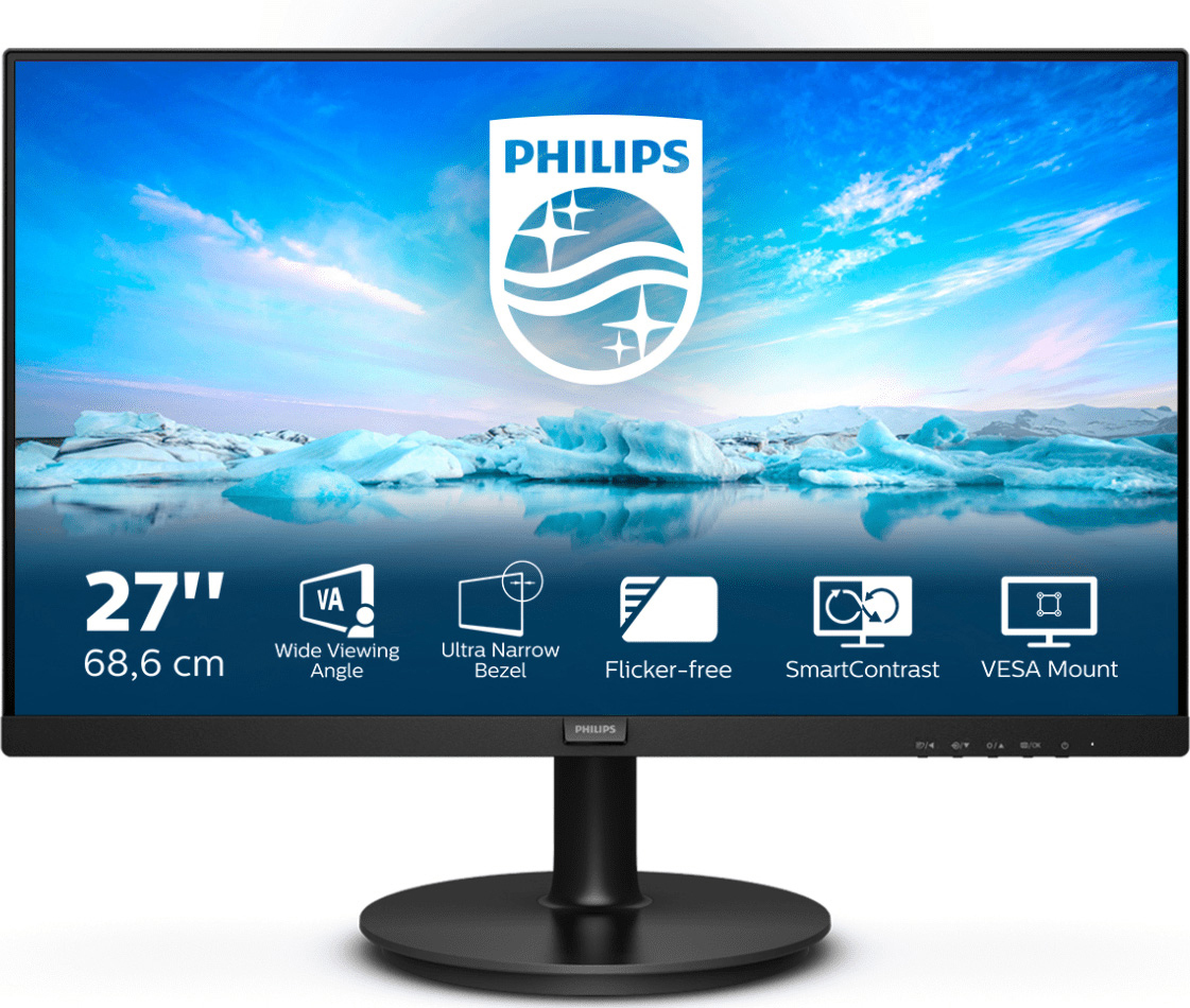 Ein 27" Philips-Monitor mit Text. Der Bildschirm zeigt eine Landschaft mit Eisbergen. Blauer Himmel.