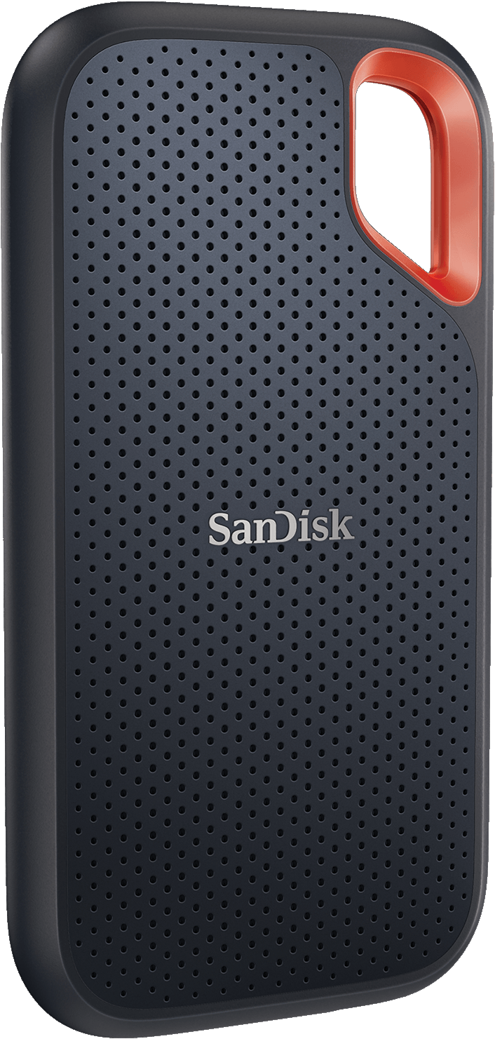 Eine schwarze und rote tragbare externe Festplatte mit geriffeltem Design.