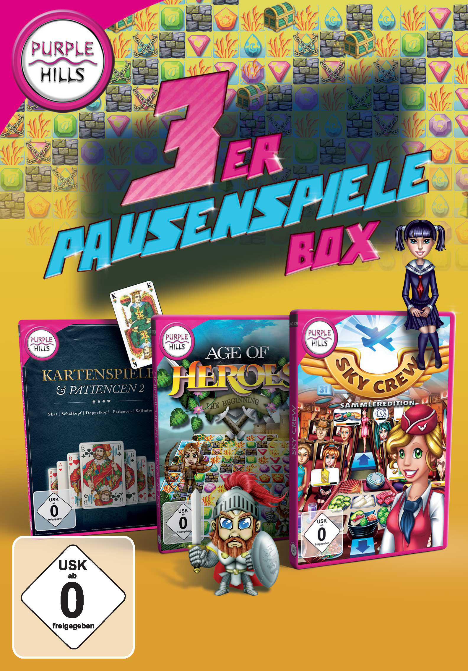 Spielbox-Art. Drei Spielboxen, Zeichentrickfiguren und ein Mädchen. Text: 3er Pausenspiele Box.