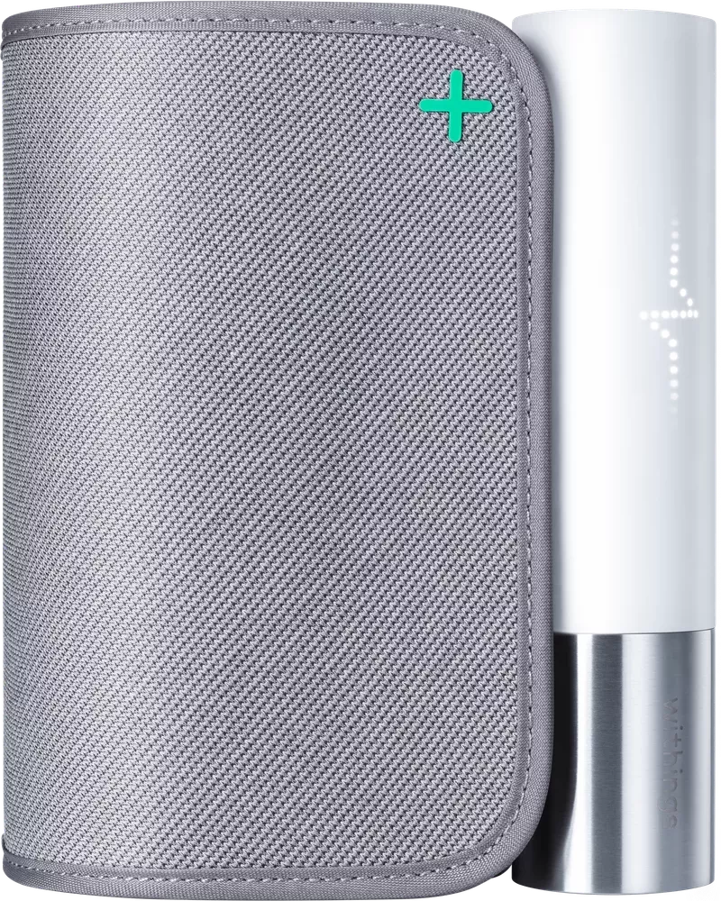 Un tensiomètre gris avec un signe plus vert et une partie cylindrique blanche.