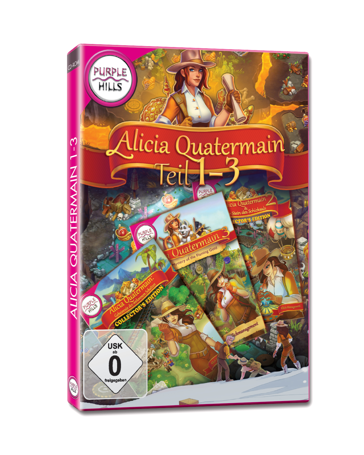 Spielbox mit dem Titel 'Alicia Quartermain', mit Illustrationen und farbenfrohem Design.
