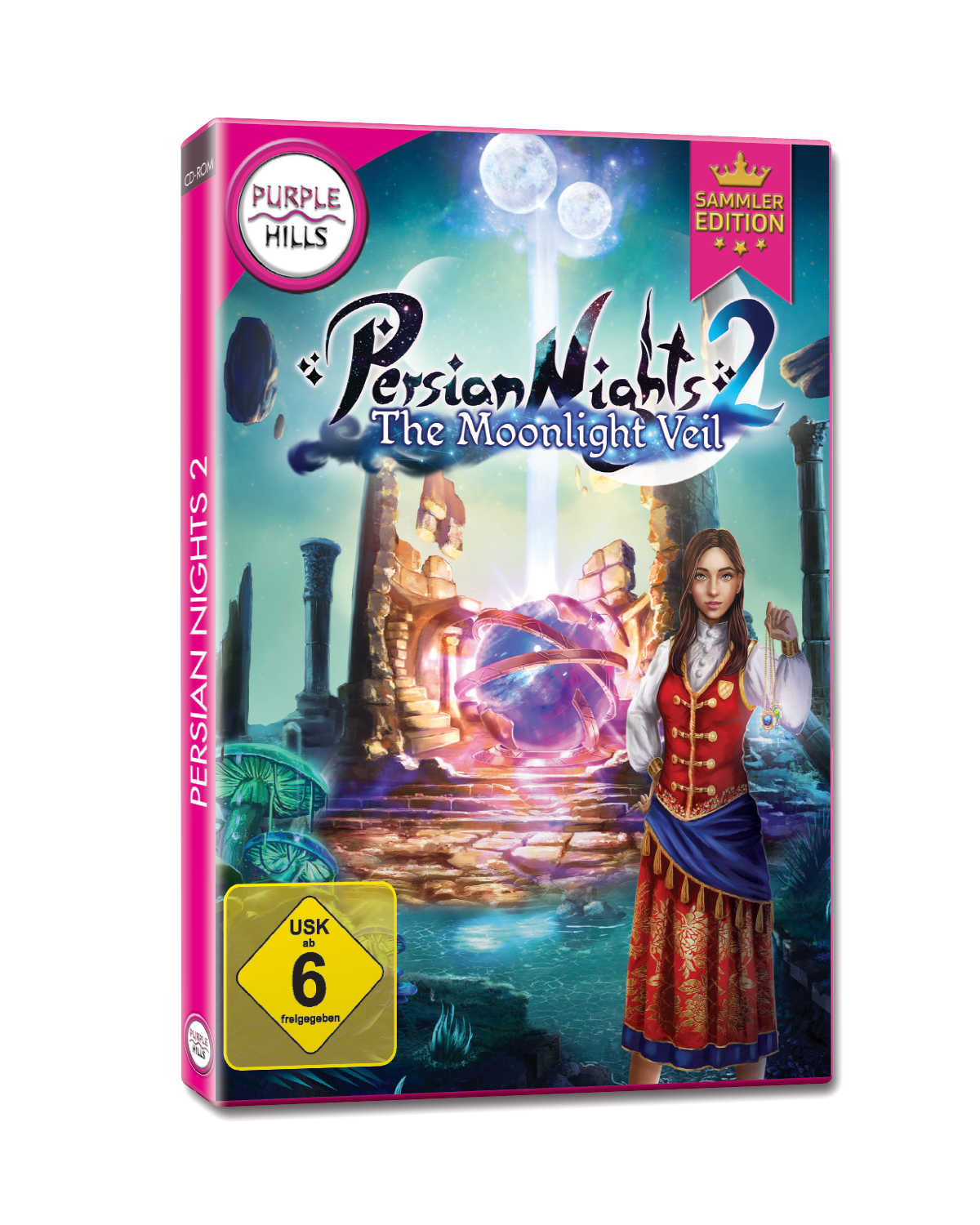 DVD-Hülle für ein Videospiel, Frau mit Kleid, lila und blaue Farben.