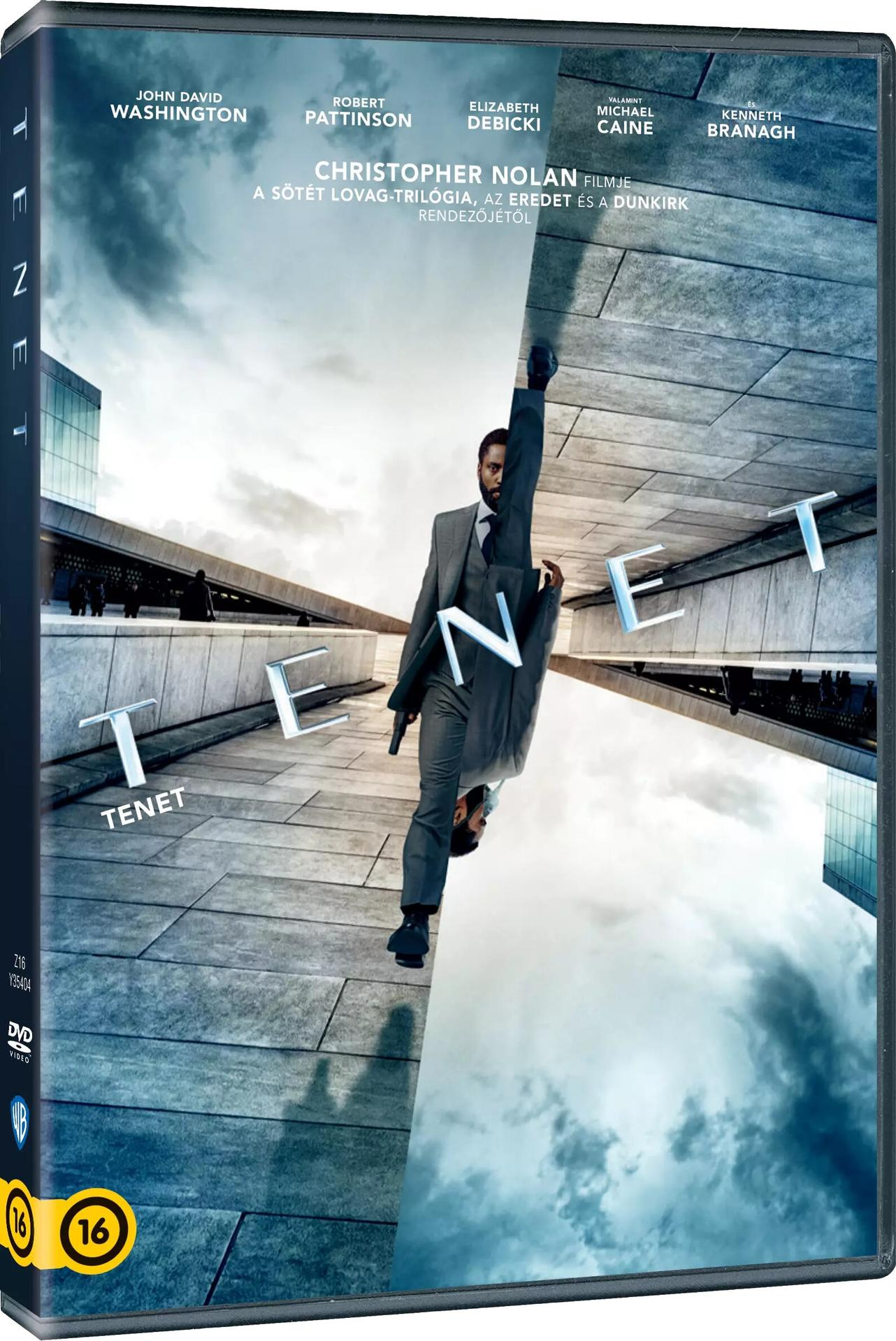 A 'Tenet' című film DVD-borítója. Szereplők és a film címe látható.