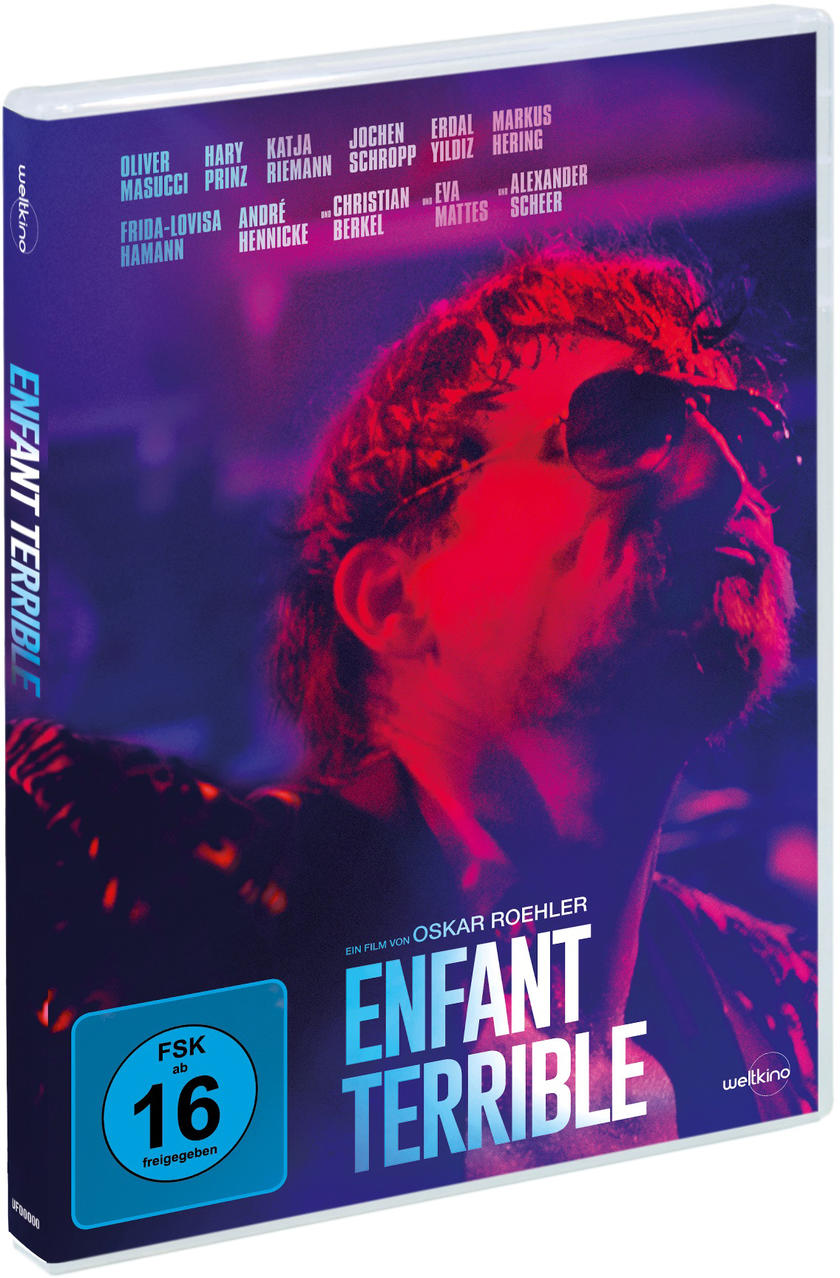 DVD-Cover von 'Enfant Terrible' mit dem Bild eines Mannes mit rotem und lila Hintergrund.
