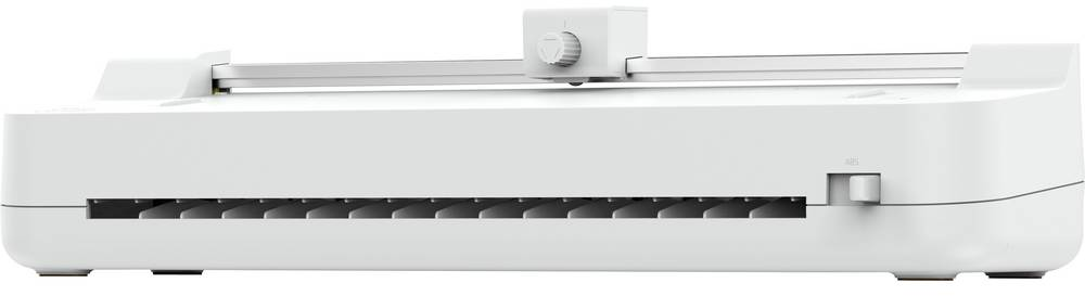 Ein weißer, horizontaler Drucker mit einem Drehknopf und einem Schlitz. Weißer Hintergrund.