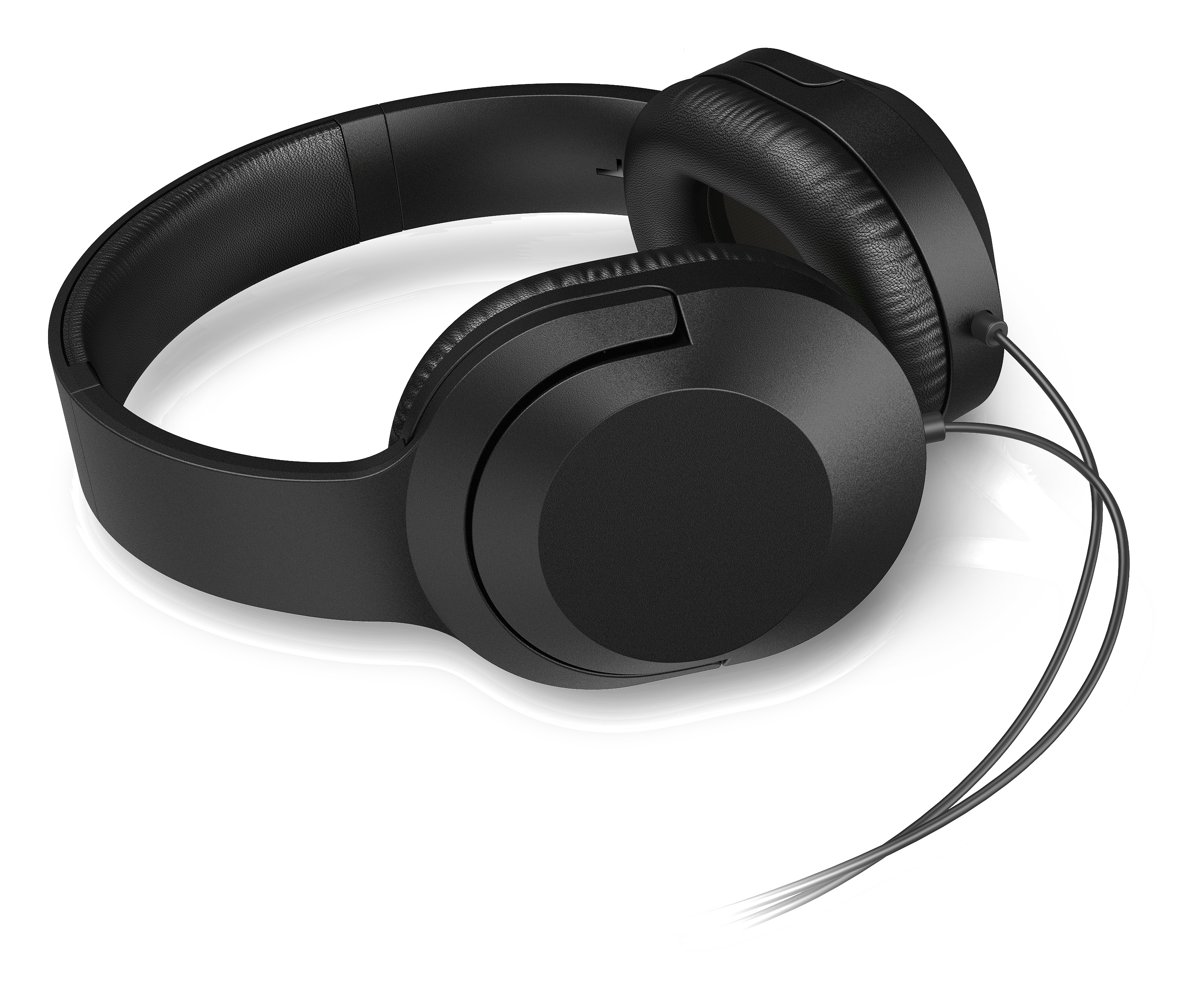 Schwarze Kopfhörer isoliert auf Weiß. Die Kopfhörer sind Over-Ear-Style mit einem Kabel.