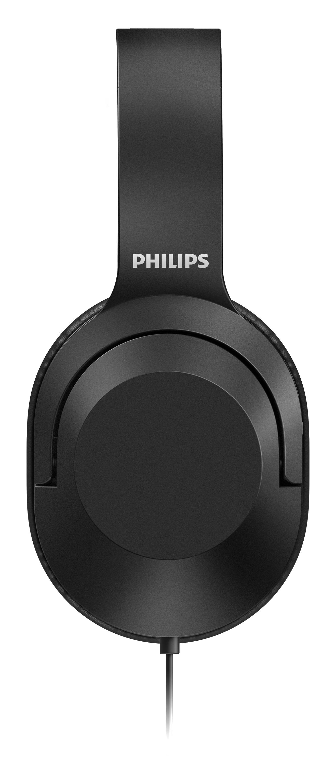 Ein schwarzer Philips-Kopfhörer, der die Ohrmuscheln und das Kopfband mit dem Markennamen zeigt.