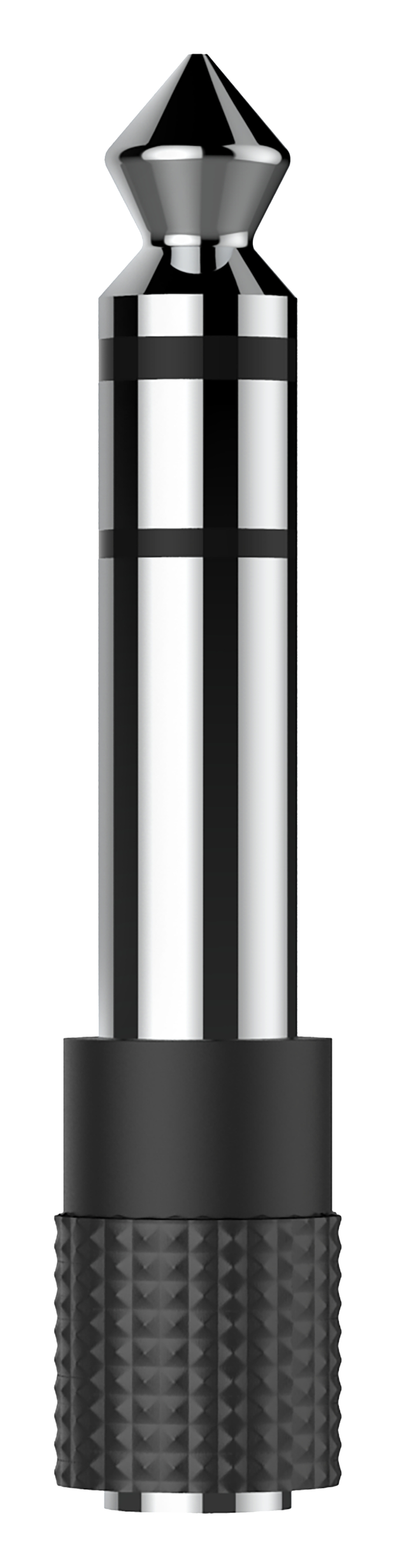 Silber-schwarzer Audio-Klinkenadapter, Nahaufnahme, strukturierte Basis.