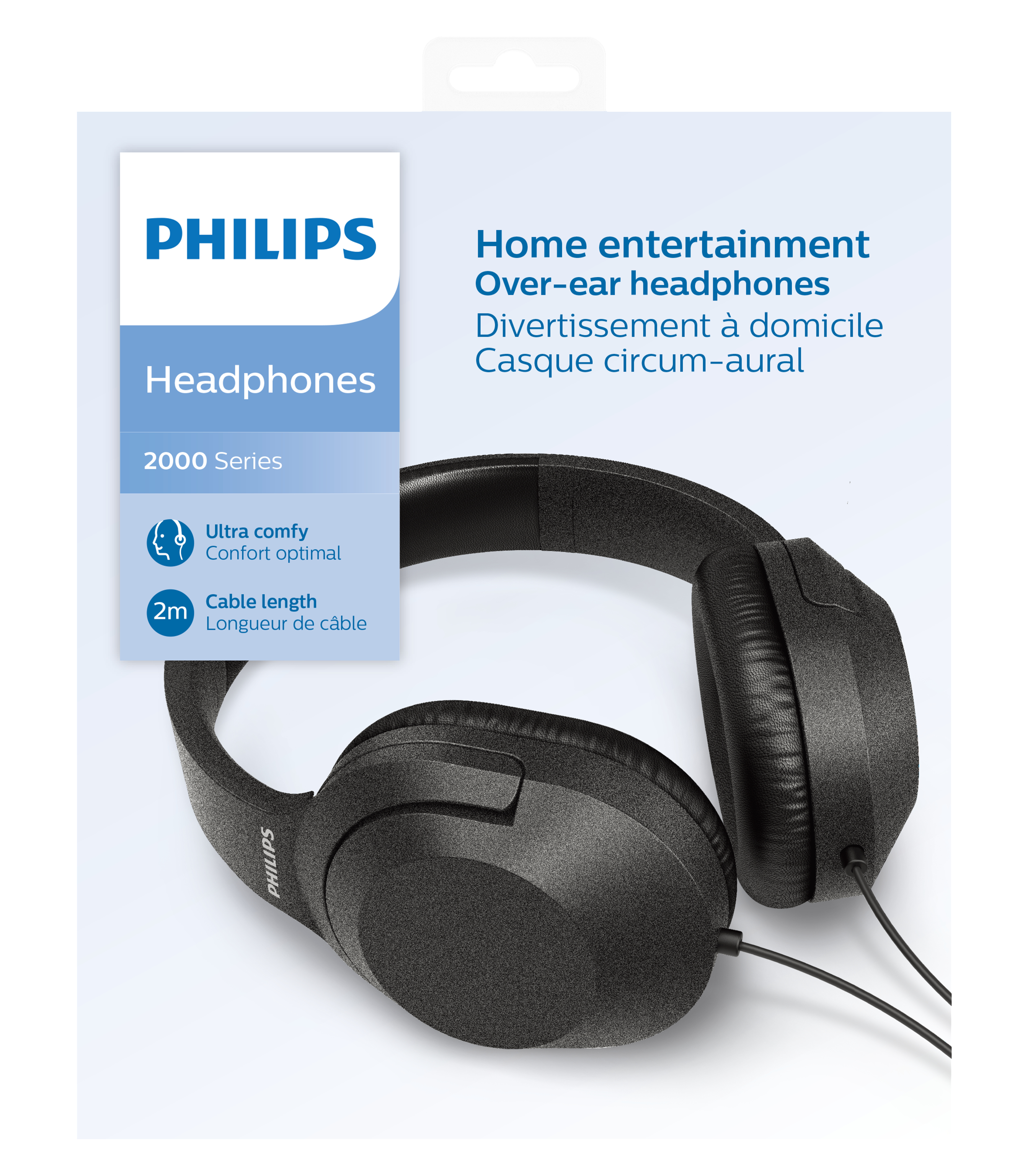 Schwarze Philips-Kopfhörer auf weißem Hintergrund in einer Verpackung.
