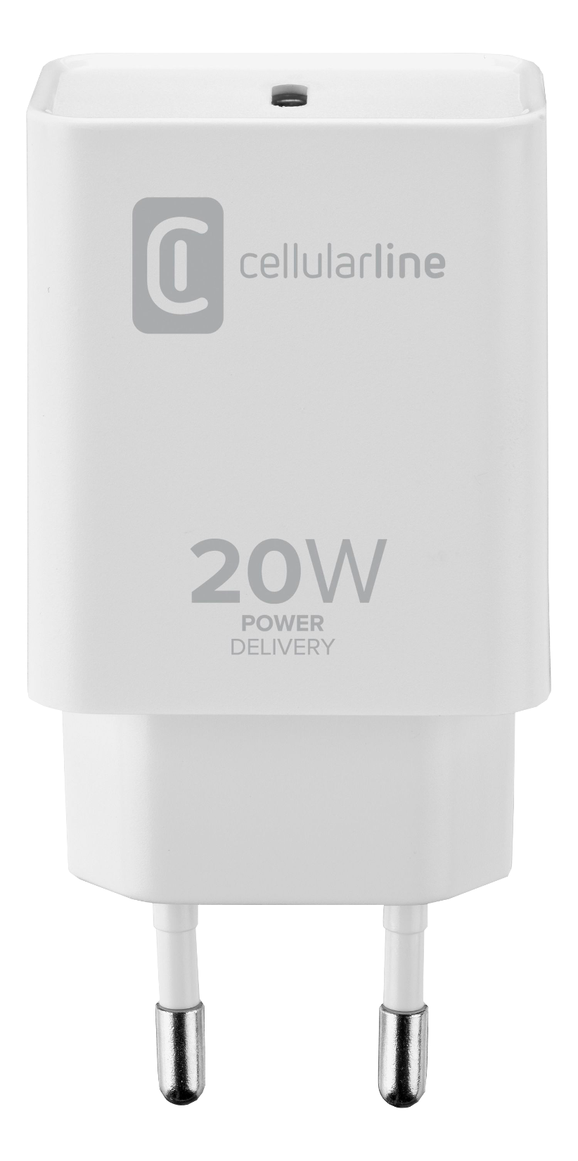Weißes Telefonladegerät mit 20W Power Delivery. Die Marke ist 'cellularline'.
