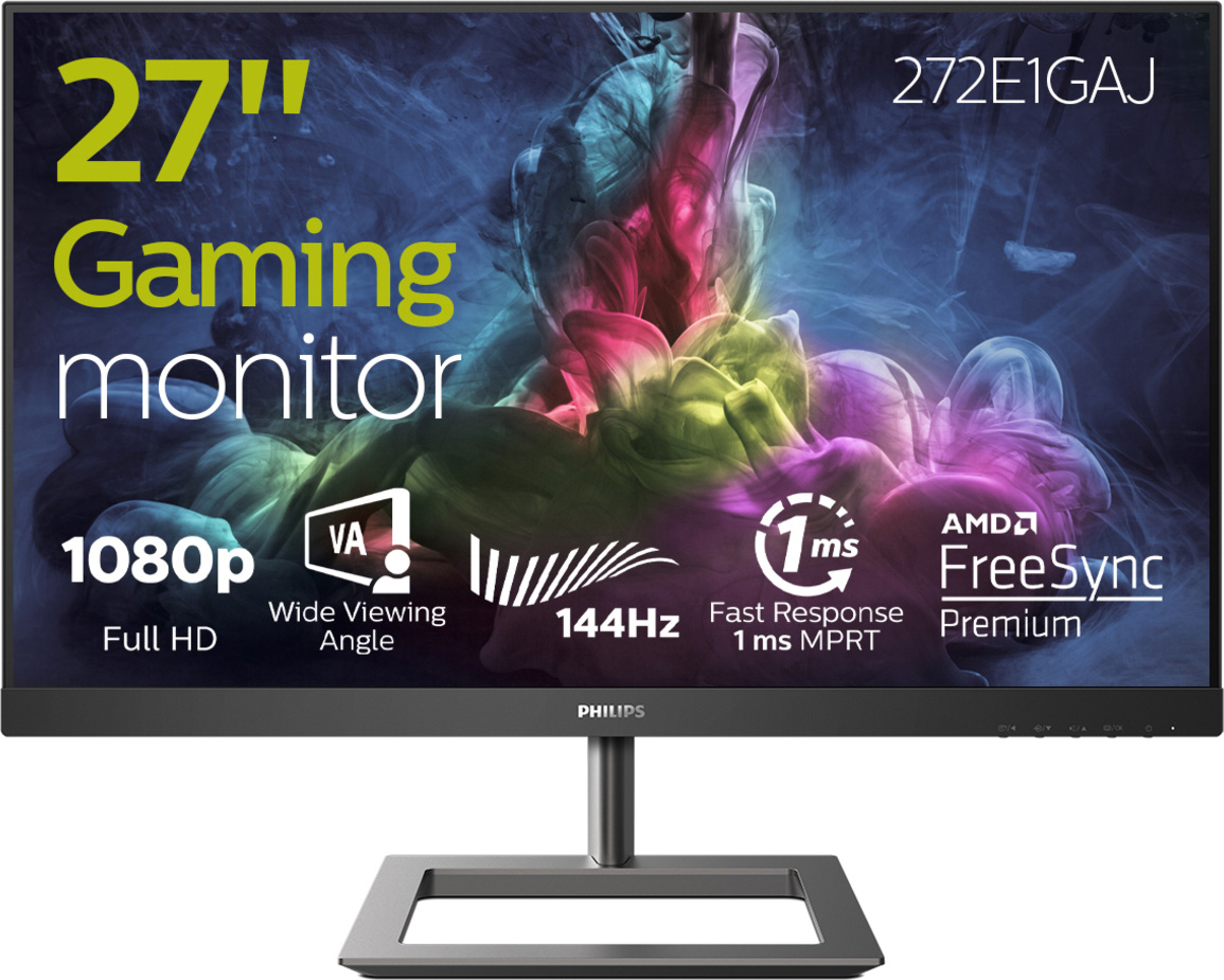 27" Gaming-Monitor. Schwarzer Rahmen, silberner Ständer. Text: 1080p, 144Hz, 1ms Reaktionszeit, AMD FreeSync.