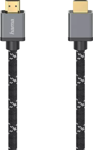 Câble HDMI Hama, connecteurs gris avec câble tressé noir et blanc.