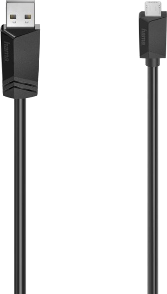 Un câble noir USB vers micro USB, posé sur une surface blanche.
