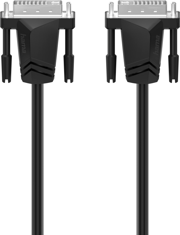 Twee zwarte Hama DVI-kabels met connectoren aan elk uiteinde. Beide kabels zijn parallel en de achtergrond is zwart.
