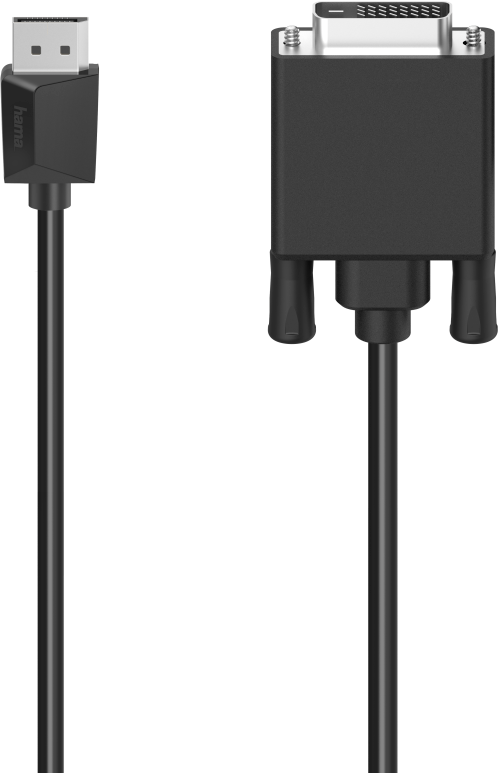 Zwarte HDMI naar DVI-kabel op zwarte achtergrond.
