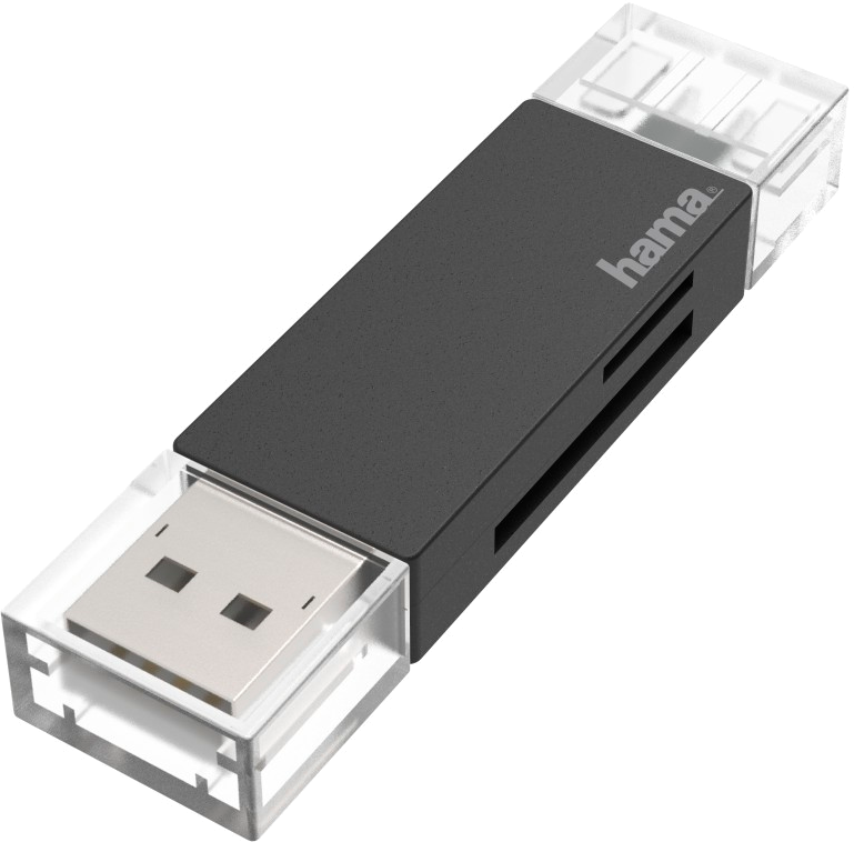 Zwarte en transparante USB-kaartlezer met het woord 'hama'.