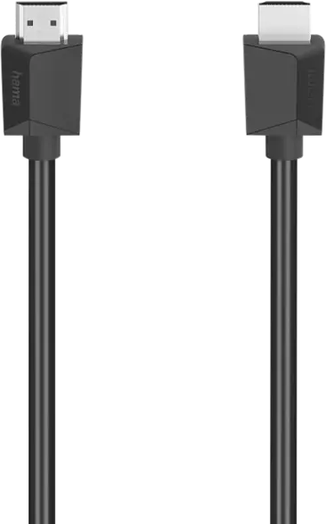 Zwarte HDMI-kabel met connectoren aan beide uiteinden, tegen een zwarte achtergrond.