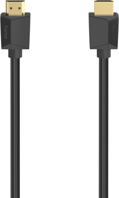 Câble HDMI noir avec connecteurs dorés. 'Hama' et 'HDMI' sont écrits sur les connecteurs.
