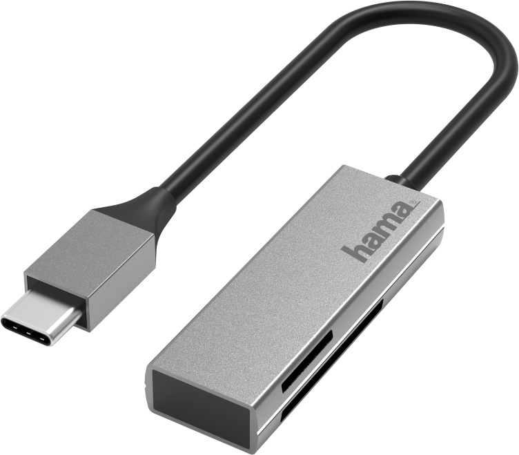 Een zilveren USB-C naar kaartlezer adapter met een zwarte kabel. Het merk 'hama' is zichtbaar.