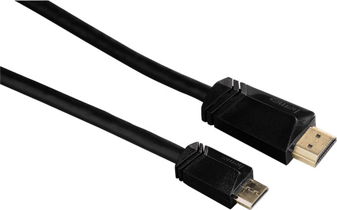 Câble HDMI noir avec connecteur à droite et Micro-USB à gauche.