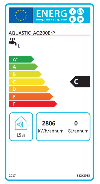 Energia címke egy vízmelegítőhöz. C energiahatékonysági osztályt mutat.