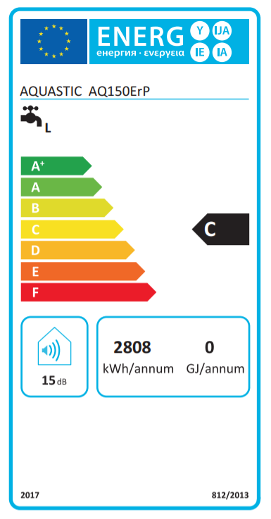 Csaptelep energia címkéje, energiahatékonysági besorolással, zajszinttel és energiafogyasztási adatokkal.