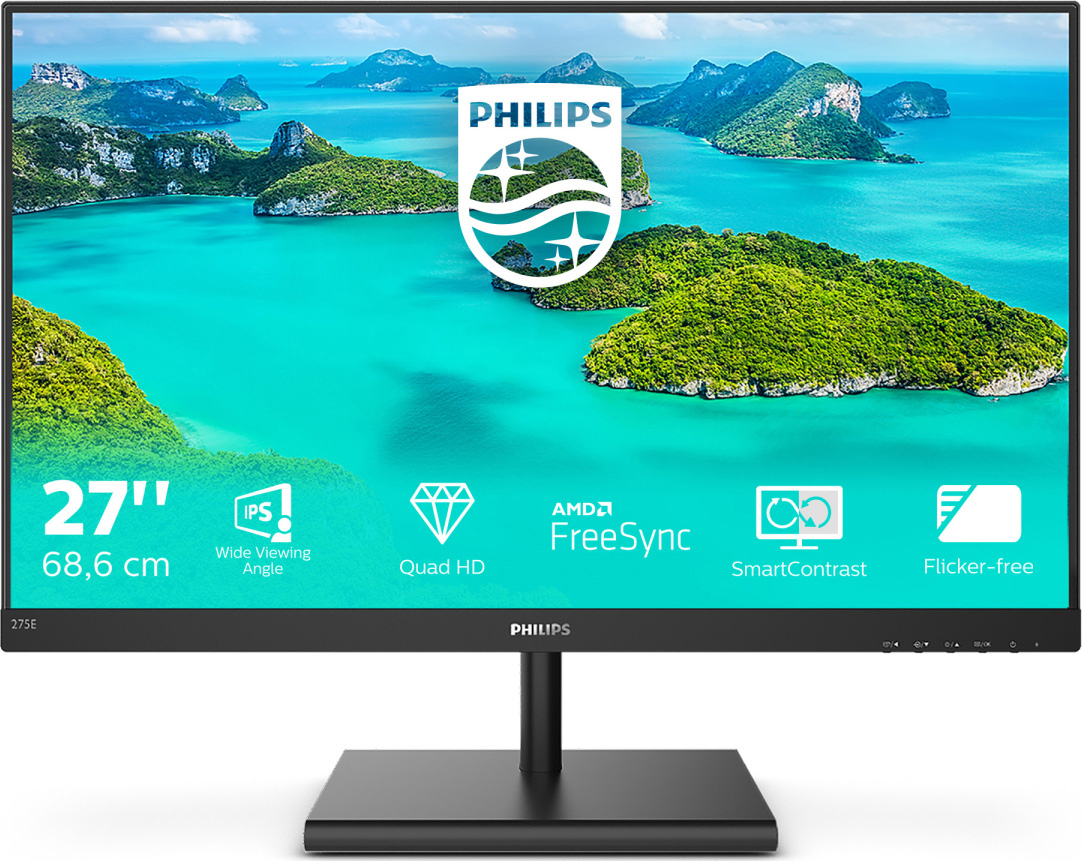 27" Philips-Monitor mit Landschaftsbild auf dem Bildschirm. Schwarzer Sockel und Rahmen. Weißes Philips-Logo.