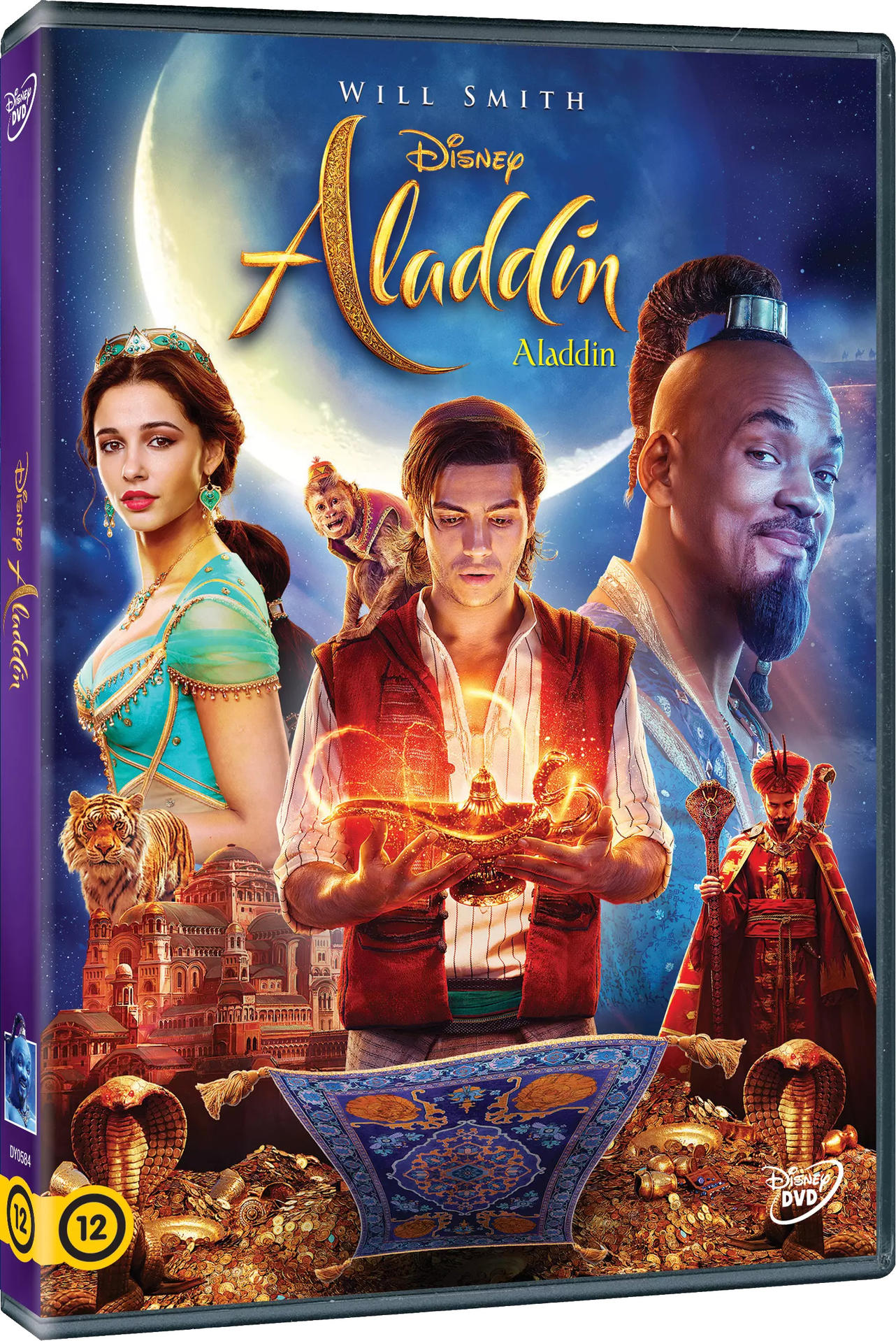 Az Aladdin film DVD borítója. A szereplők láthatók, dzsinnivel és varázslámpával.