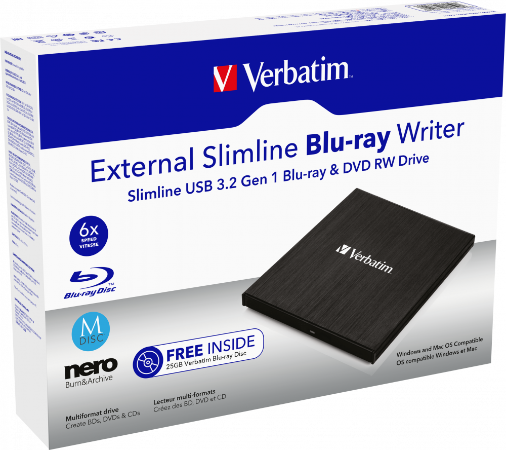 Eine blau-weiße Box mit einem Blu-ray-Brenner und einer Disc.